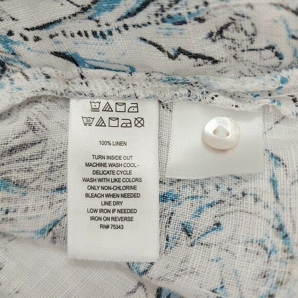 Tahari Linen Blouse Womens 1X White Blue Roll Tab Sleeve Button Up Floral Casual - Picture 12 of 12